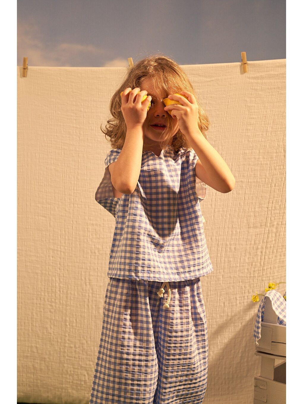 Mavi Daisy Picnic Serisi Balon Pantolonlu İkili Takim-2