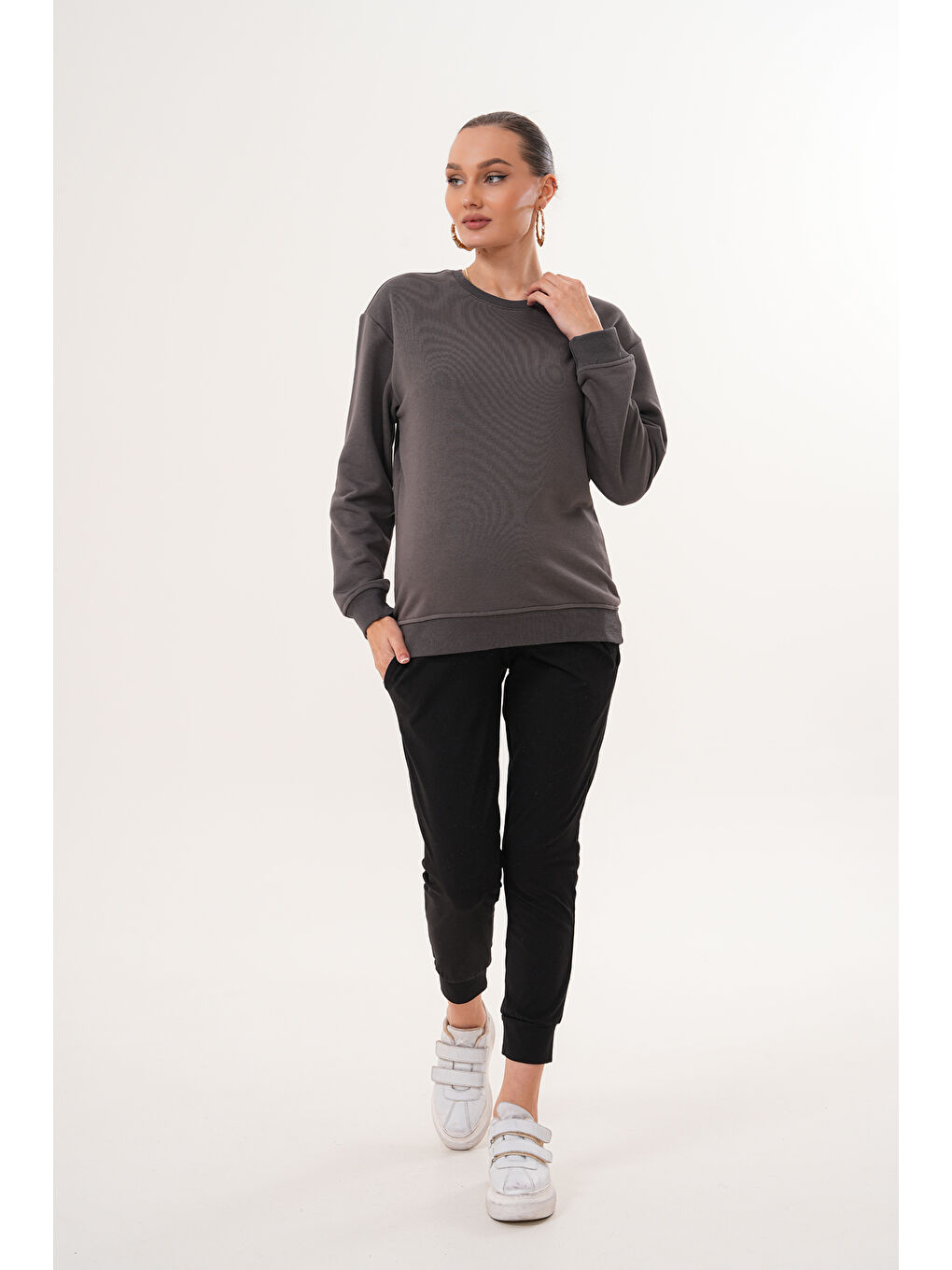Antrasit Bisiklet Yaka %100 Pamuk Hamile ve Lohusa Basic Sweatshirt-1