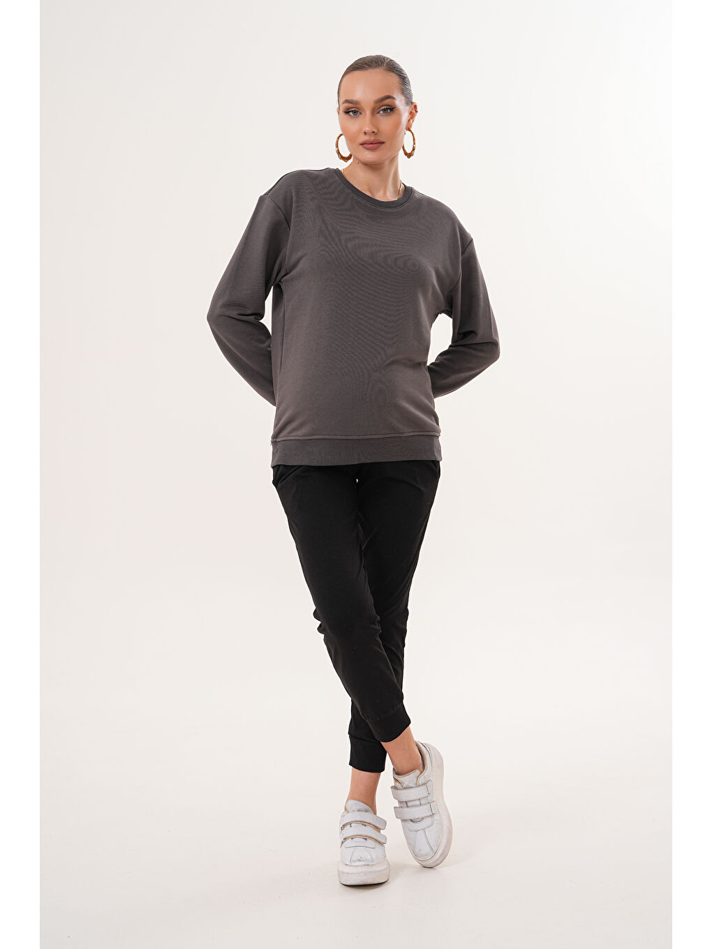 Antrasit Bisiklet Yaka %100 Pamuk Hamile ve Lohusa Basic Sweatshirt-2