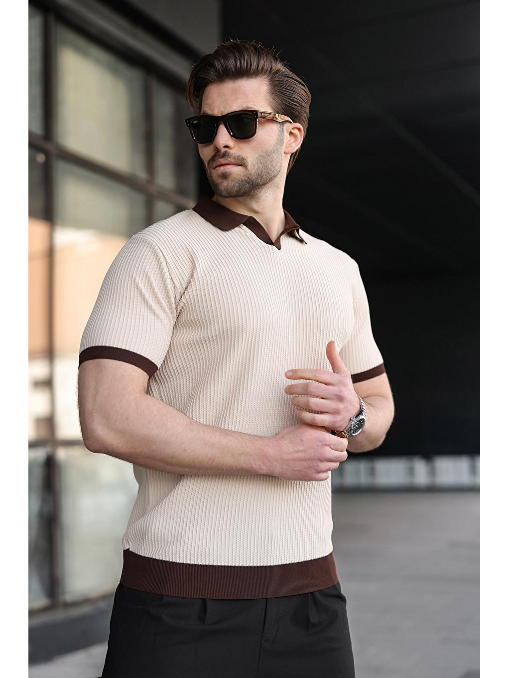 Bej Taş Rengi Polo Yaka Triko Erkek Tişört E7464-4