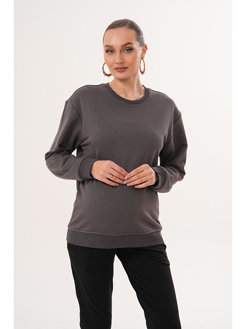 Antrasit Bisiklet Yaka %100 Pamuk Hamile ve Lohusa Basic Sweatshirt-4