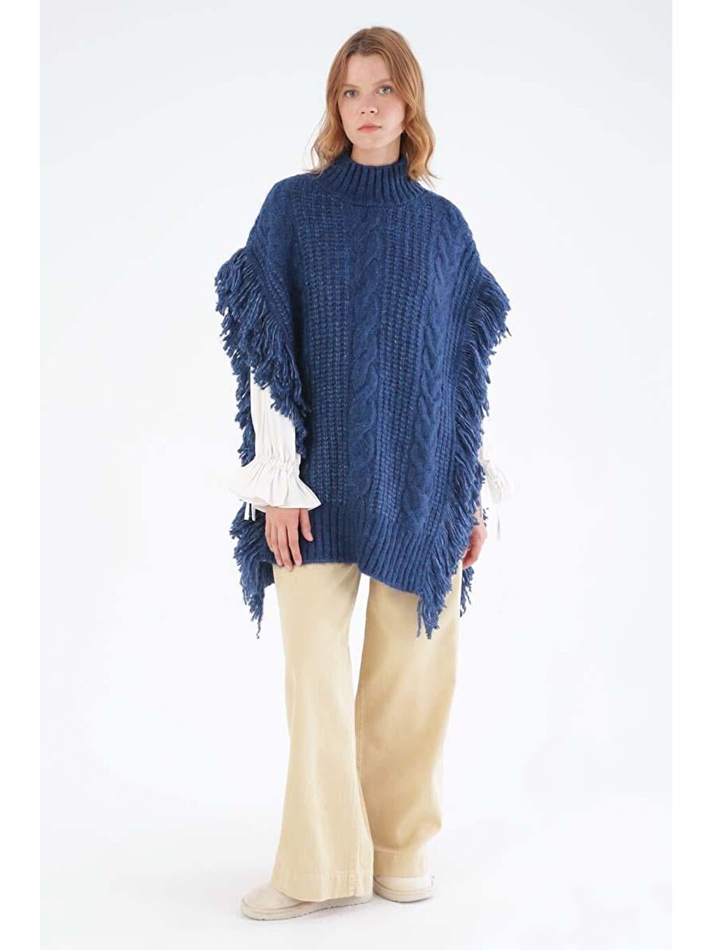 Lacivert-Saçaklı Triko Panço-1