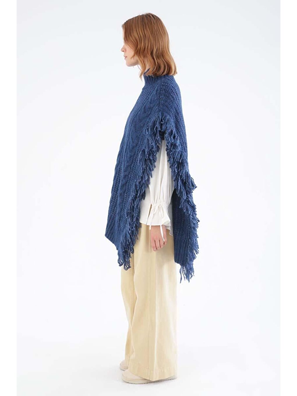 Lacivert-Saçaklı Triko Panço-2