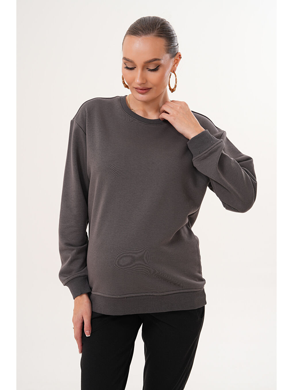 Antrasit Bisiklet Yaka %100 Pamuk Hamile ve Lohusa Basic Sweatshirt-5