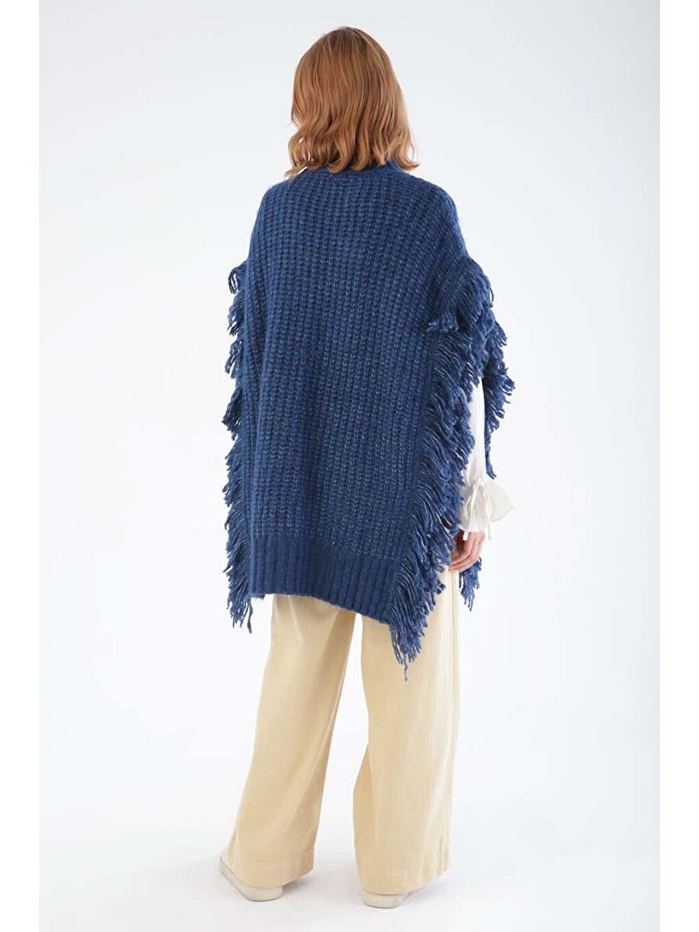 Lacivert-Saçaklı Triko Panço-3