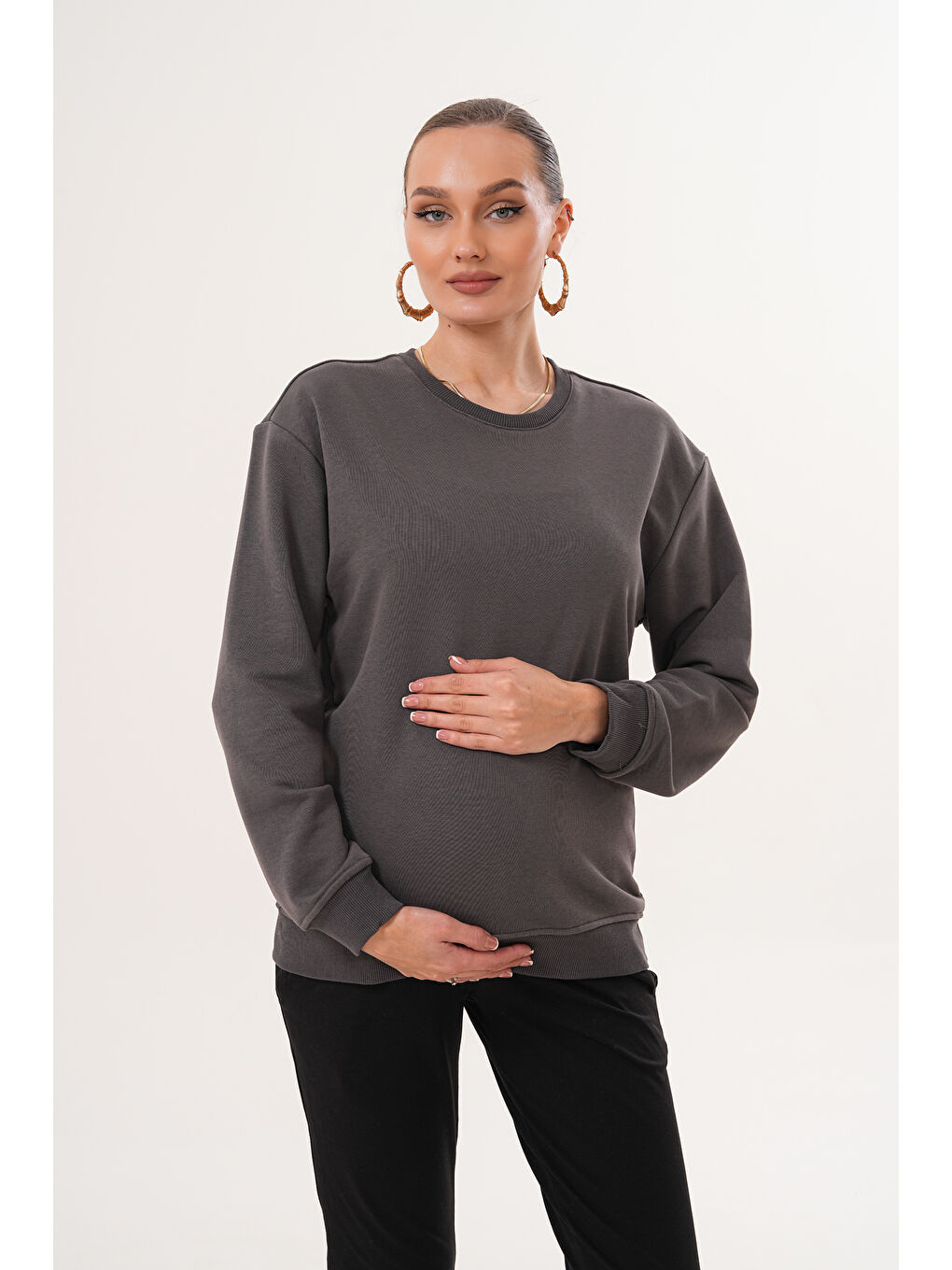 Antrasit Bisiklet Yaka %100 Pamuk Hamile ve Lohusa Basic Sweatshirt-6