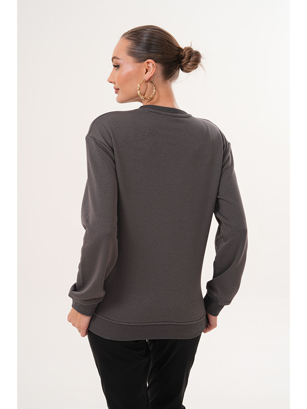 Antrasit Bisiklet Yaka %100 Pamuk Hamile ve Lohusa Basic Sweatshirt-7