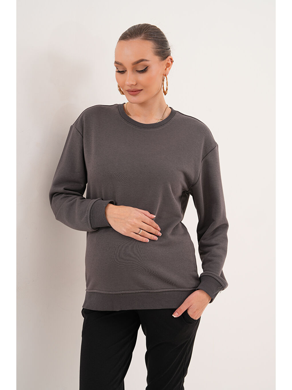 Antrasit Bisiklet Yaka %100 Pamuk Hamile ve Lohusa Basic Sweatshirt-8