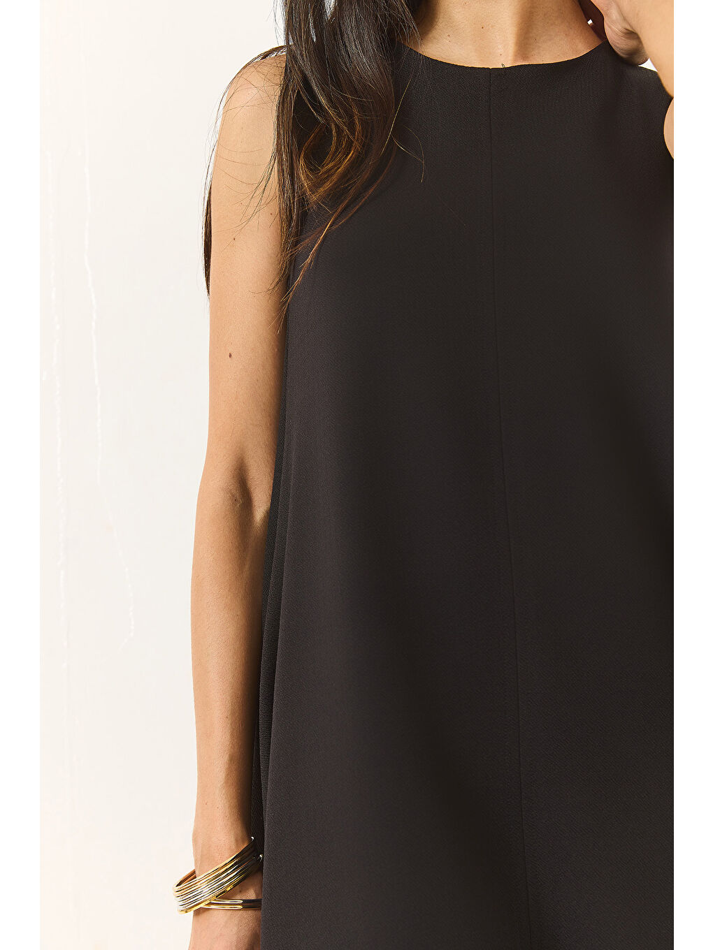 Siyah Kadın Askılı Gizli Fermuarlı Yazlık Dokuma Çan Elbise-5