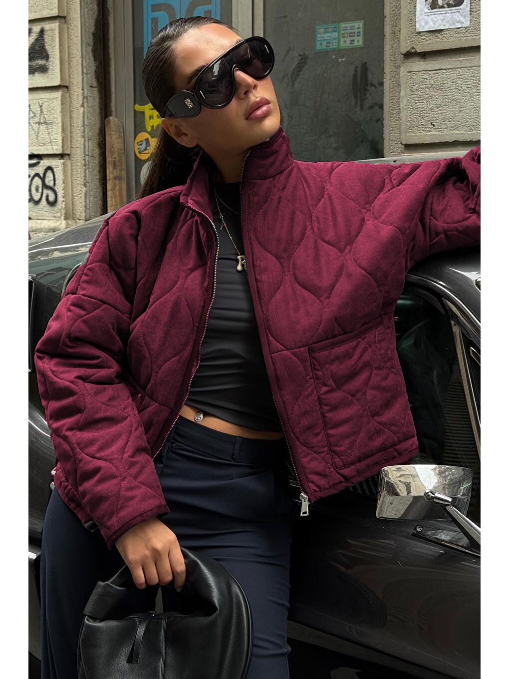 Bordo Dik Yaka Kapitone Kadın Mont Mg2568