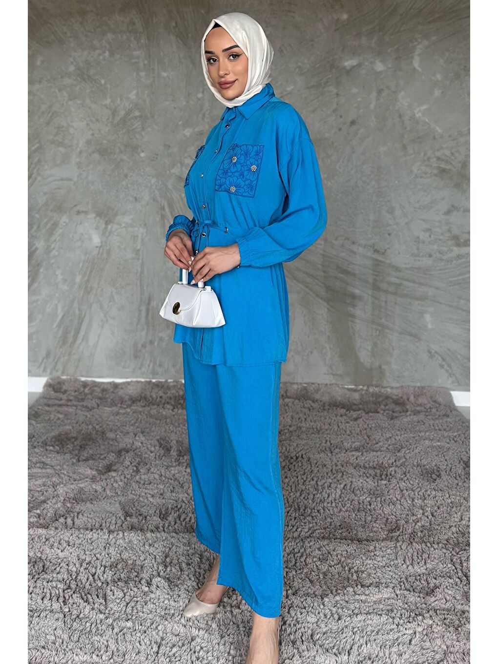 Mavi Cep Nakışlı Bel Bağcıklı Tesettür Tunik Pantolon İkili Takım