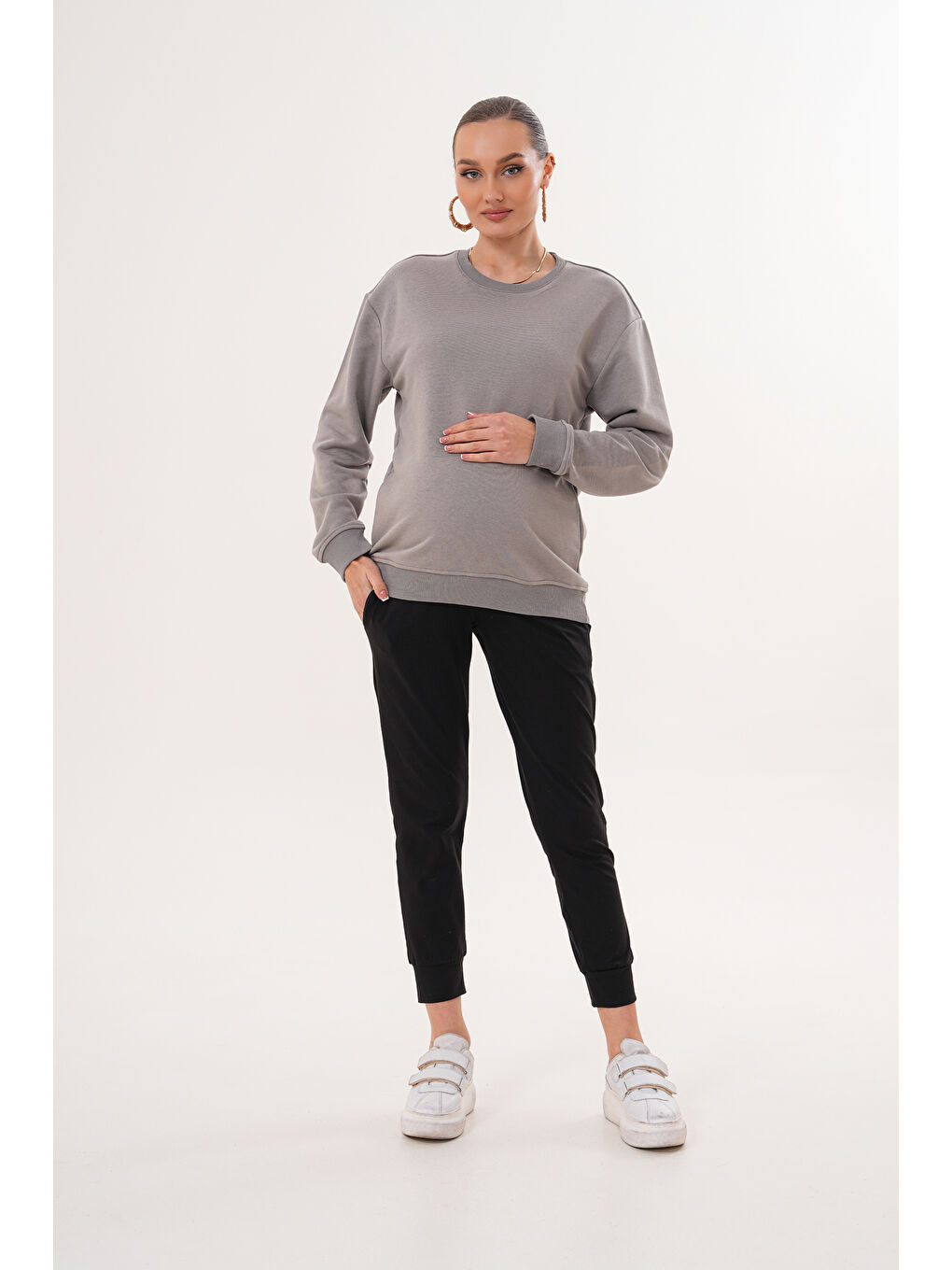 Gri Bisiklet Yaka %100 Pamuk Hamile ve Lohusa Basic Sweatshirt