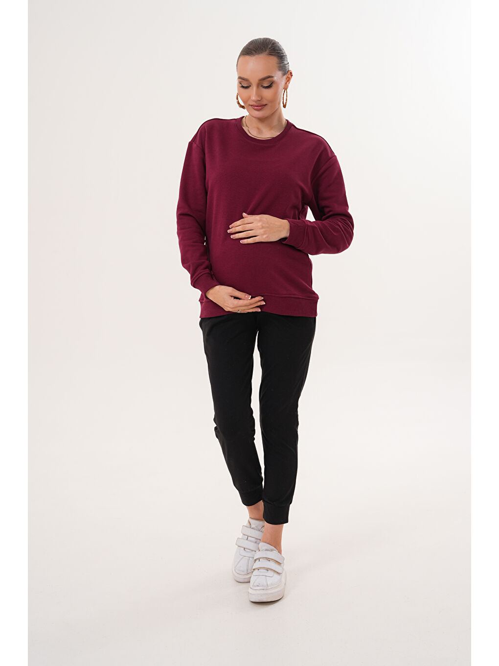 Bordo Bisiklet Yaka %100 Pamuk Hamile ve Lohusa Basic Sweatshirt