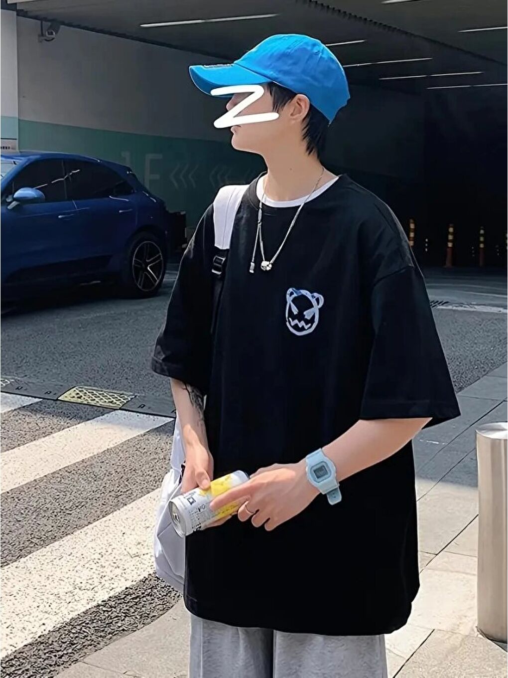 Baskılı Oversize Bisiklet Yaka T-shirt - Siyah-1