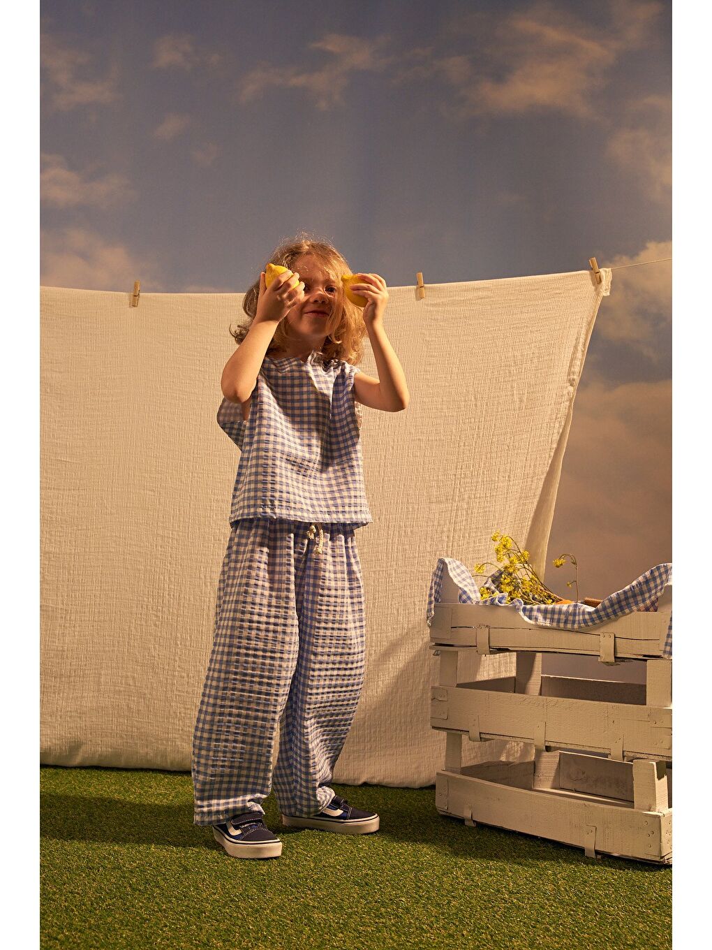 Mavi Daisy Picnic Serisi Balon Pantolonlu İkili Takim-5