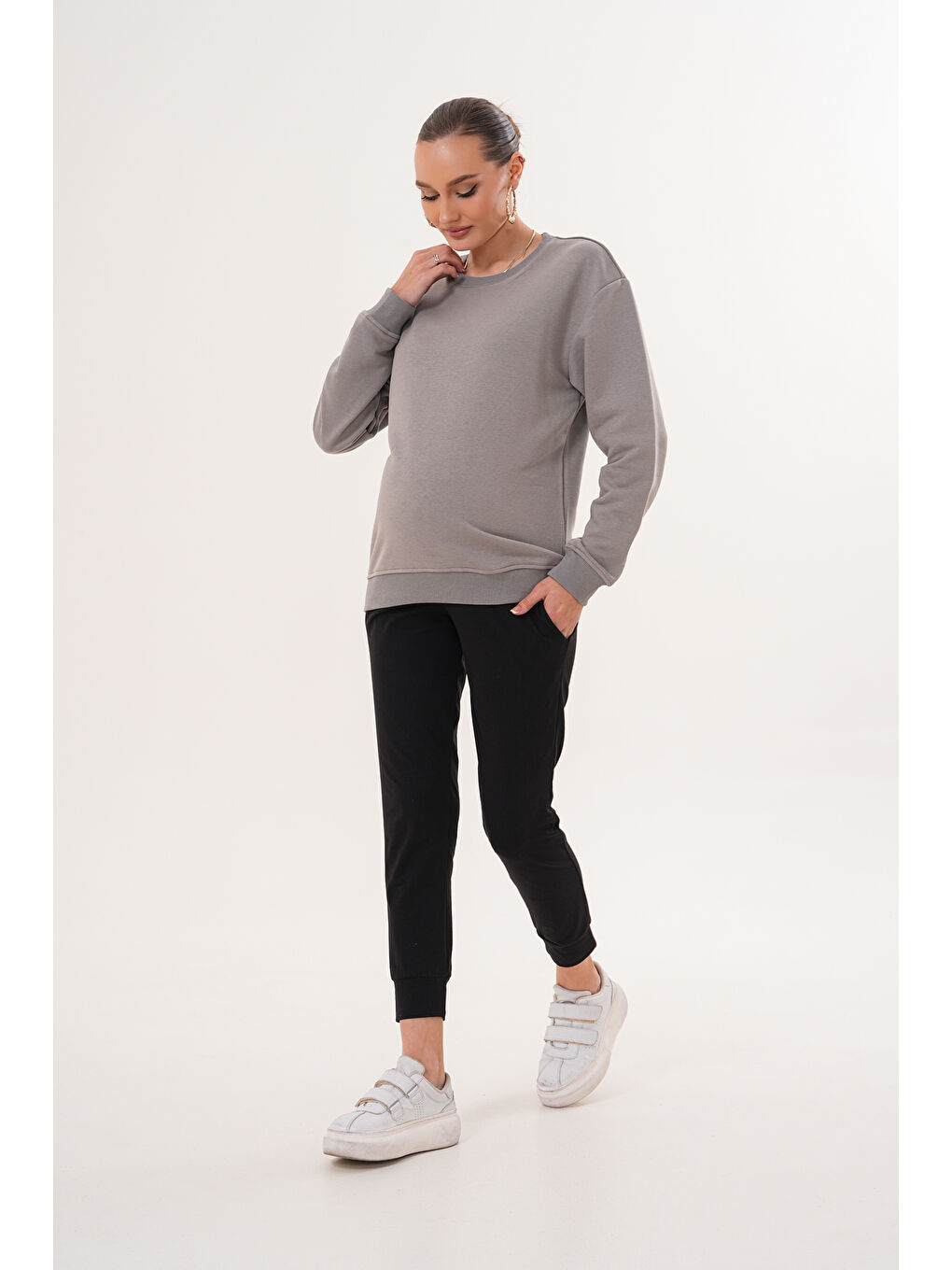 Gri Bisiklet Yaka %100 Pamuk Hamile ve Lohusa Basic Sweatshirt-1