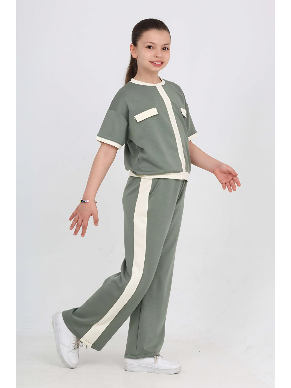Yeşil Kız Çocuk Double Face Kumaş Alt-Üst Takım 7-12 Yaş 12667BLT-1