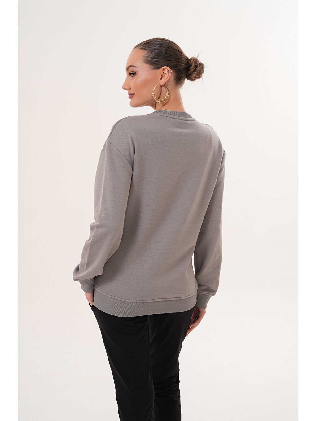 Gri Bisiklet Yaka %100 Pamuk Hamile ve Lohusa Basic Sweatshirt-2