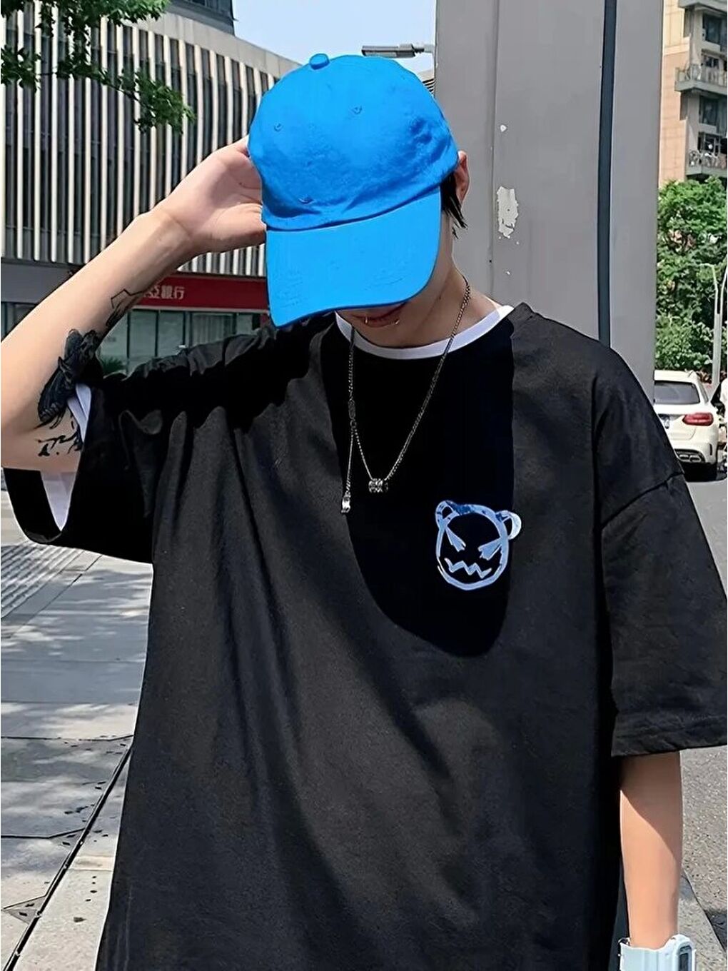 Baskılı Oversize Bisiklet Yaka T-shirt - Siyah-2