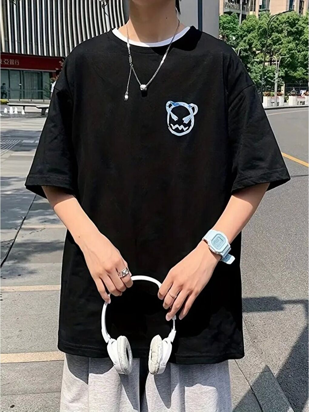 Baskılı Oversize Bisiklet Yaka T-shirt - Siyah-3