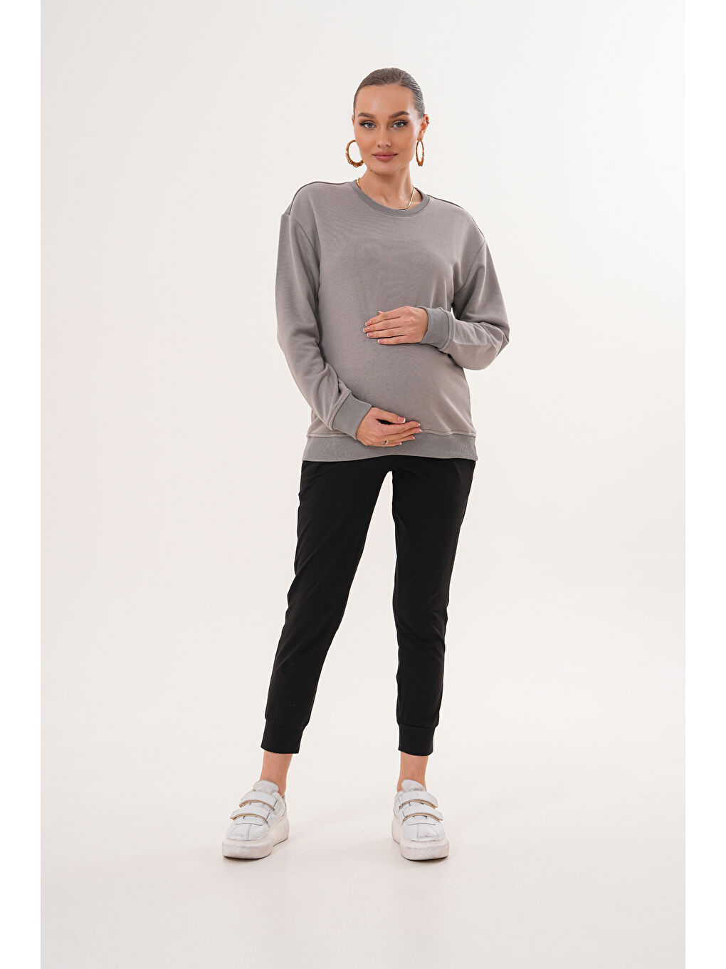 Gri Bisiklet Yaka %100 Pamuk Hamile ve Lohusa Basic Sweatshirt-3