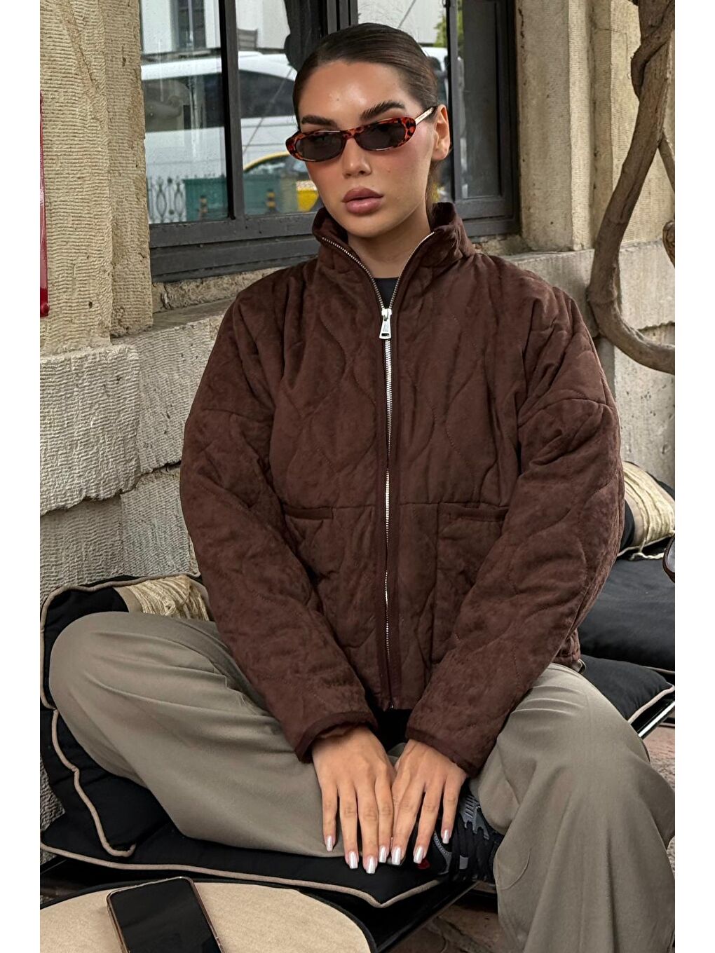 Acı Kahverengi Dik Yaka Kapitone Kadın Mont Mg2568-2