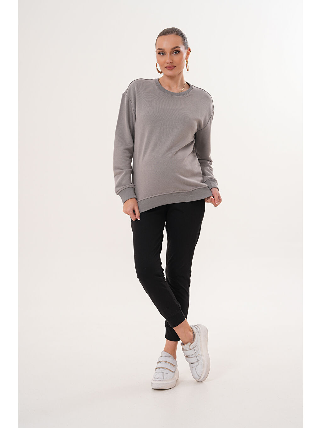 Gri Bisiklet Yaka %100 Pamuk Hamile ve Lohusa Basic Sweatshirt-5