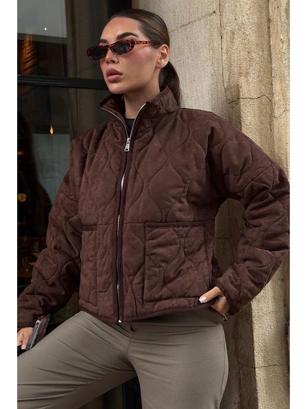 Acı Kahverengi Dik Yaka Kapitone Kadın Mont Mg2568-3