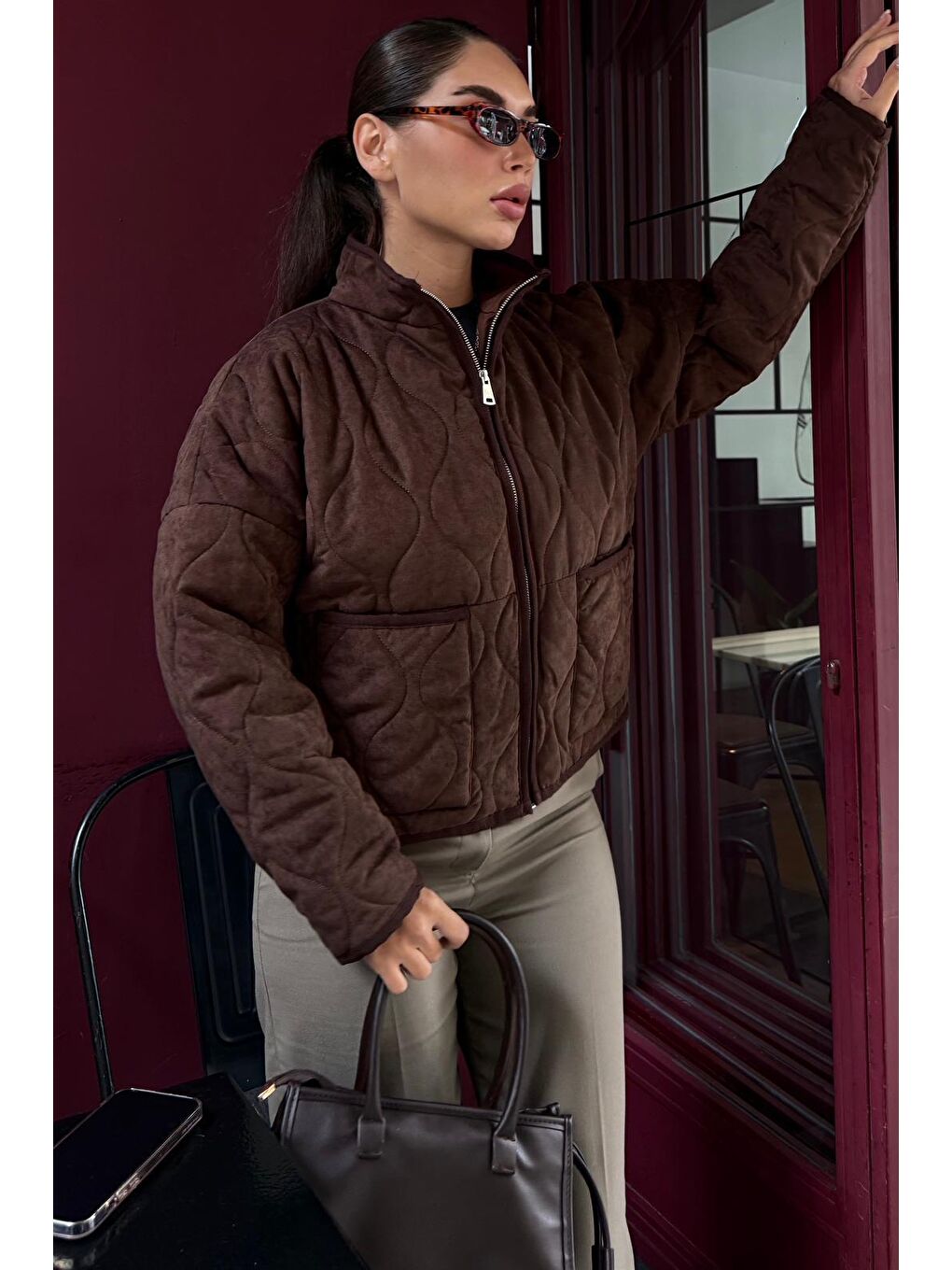 Acı Kahverengi Dik Yaka Kapitone Kadın Mont Mg2568-4