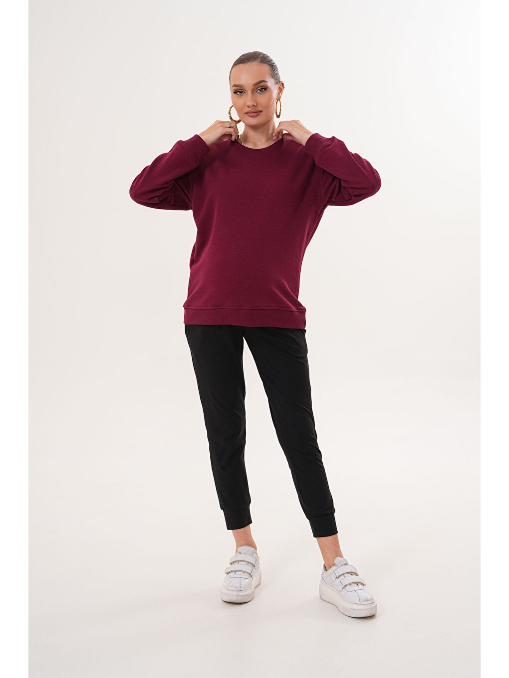 Bordo Bisiklet Yaka %100 Pamuk Hamile ve Lohusa Basic Sweatshirt-1