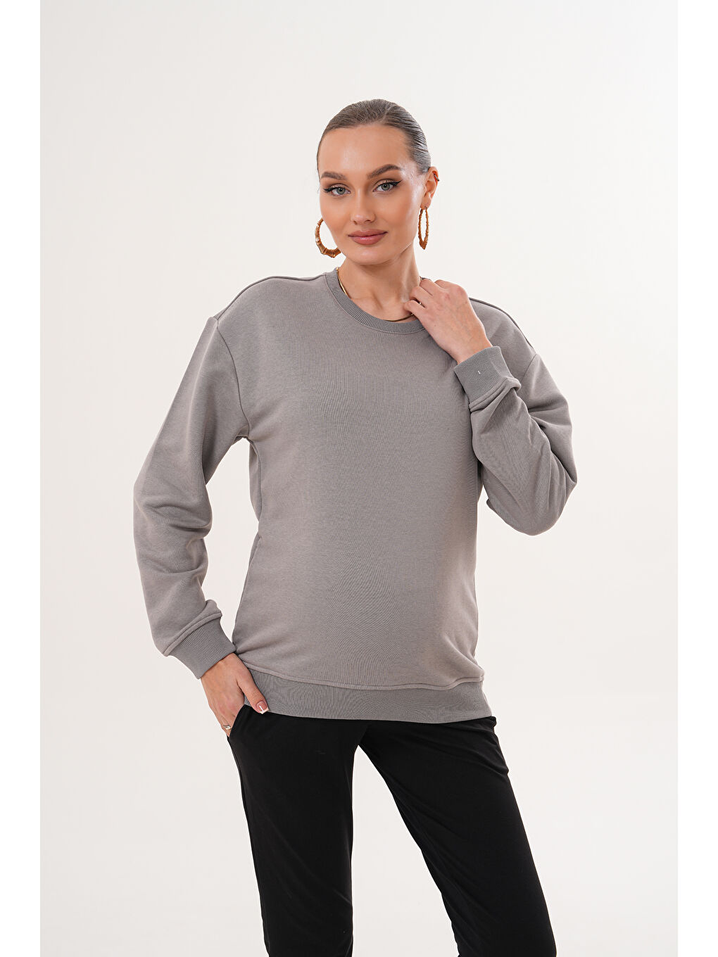 Gri Bisiklet Yaka %100 Pamuk Hamile ve Lohusa Basic Sweatshirt-6