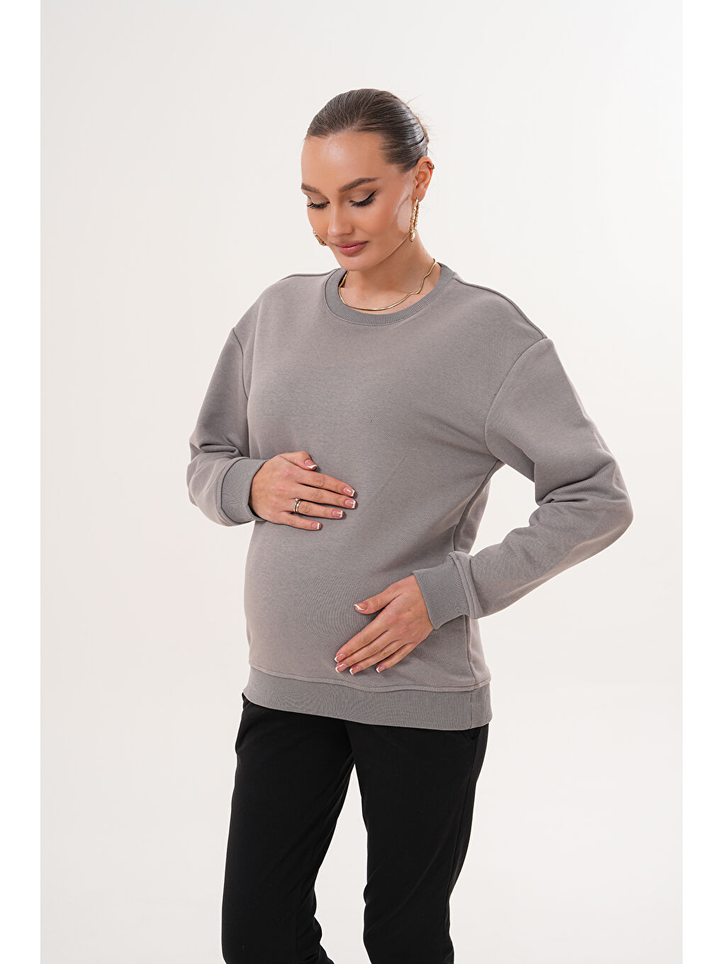 Gri Bisiklet Yaka %100 Pamuk Hamile ve Lohusa Basic Sweatshirt-7