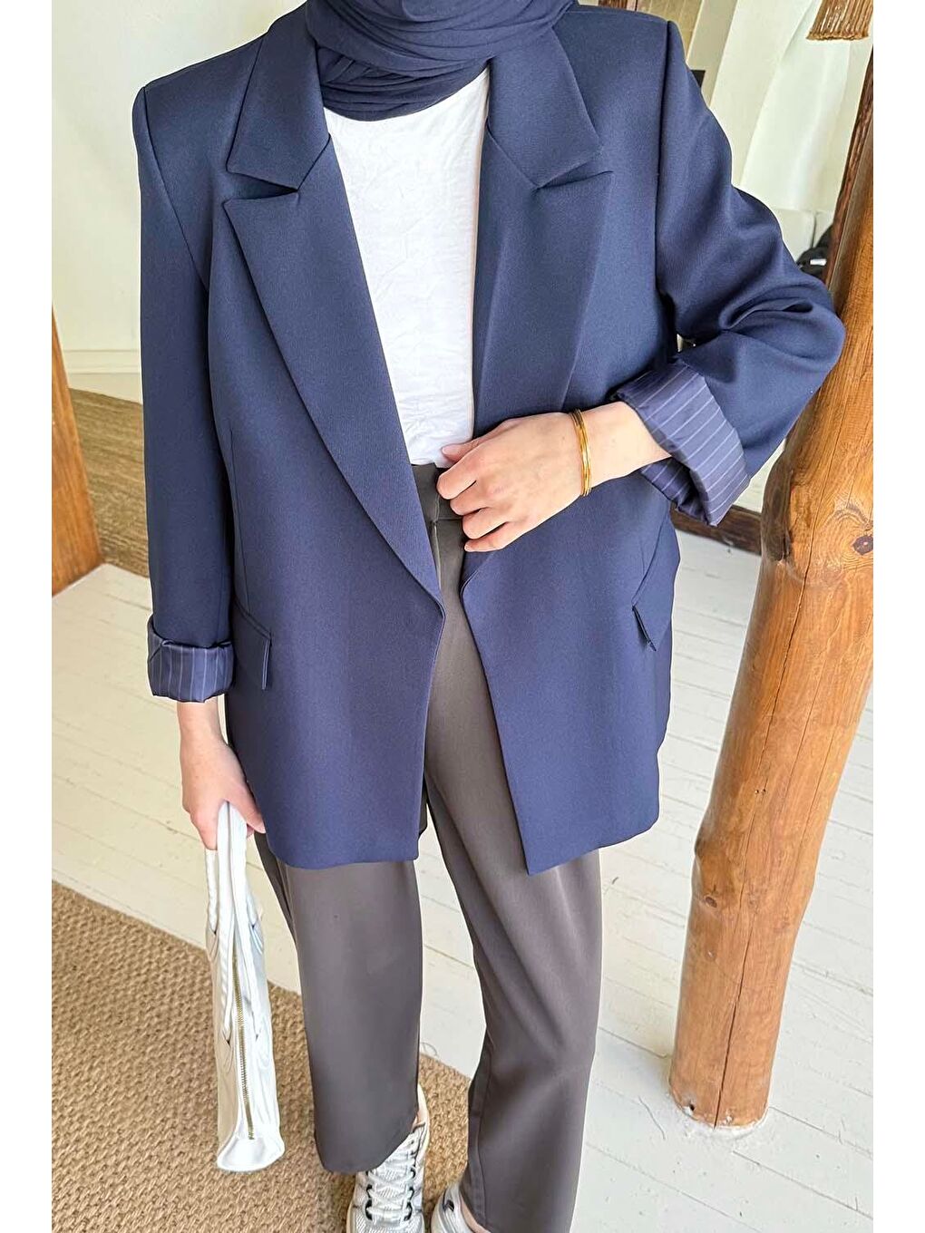 Çizgili Astarlı Tesettür Ceket Lacivert-2