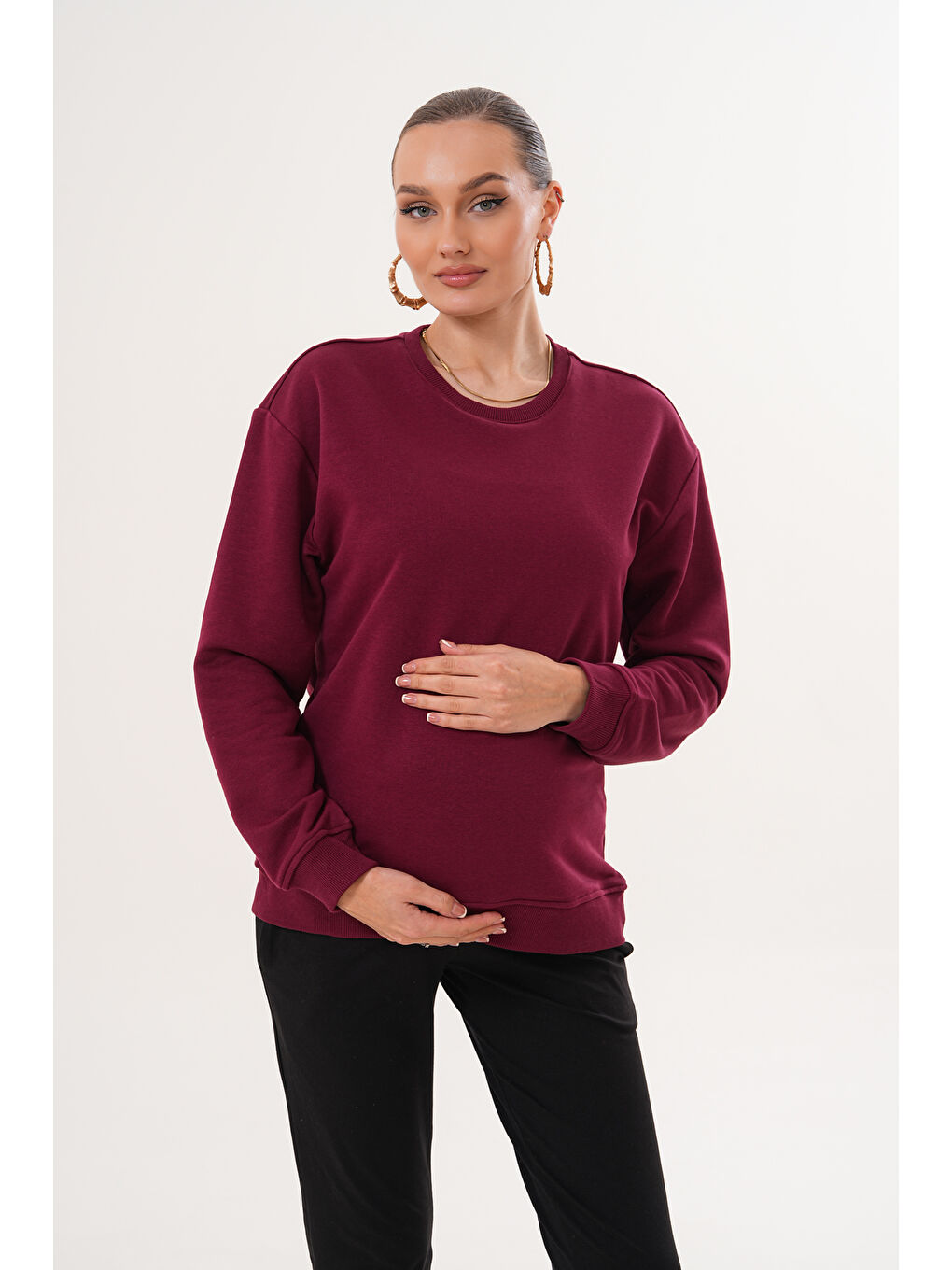 Bordo Bisiklet Yaka %100 Pamuk Hamile ve Lohusa Basic Sweatshirt-2