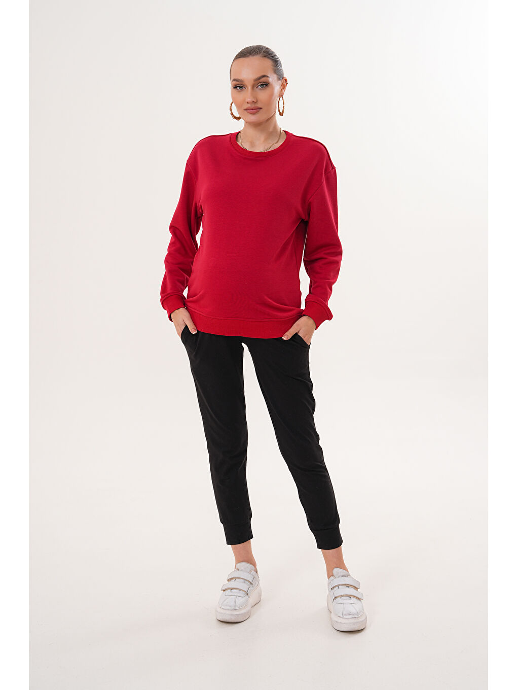 Kırmızı Bisiklet Yaka %100 Pamuk Hamile ve Lohusa Basic Sweatshirt