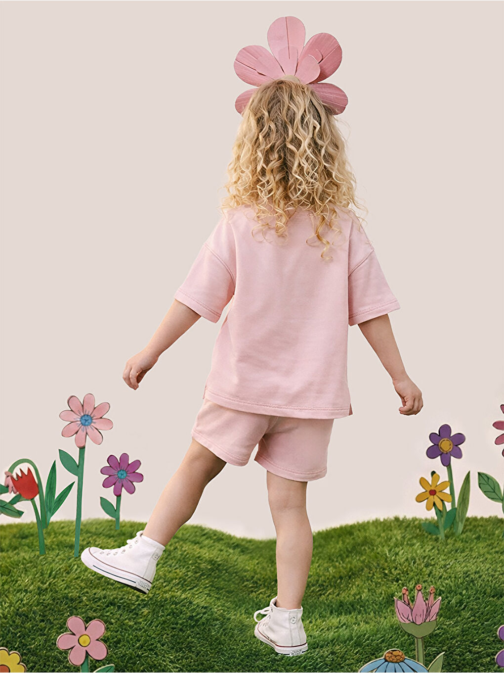Oversize Pembe Kız Çocuk T-shirt Şort Takım-1