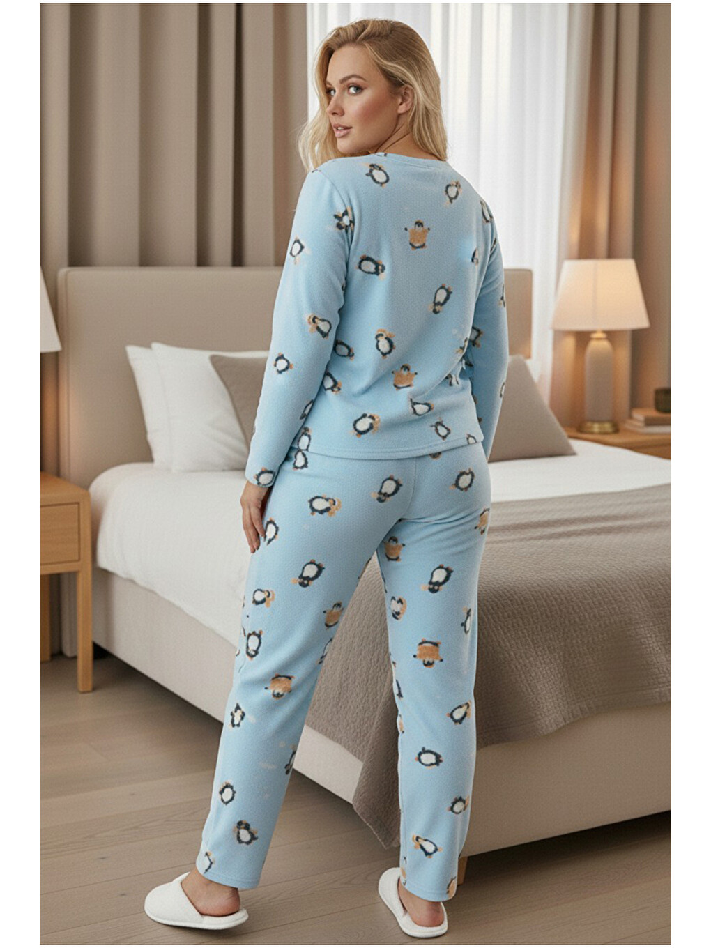 Mavi Penguen Desenli Büyük Beden Polar Kışlık Örme Pijama Takım-2