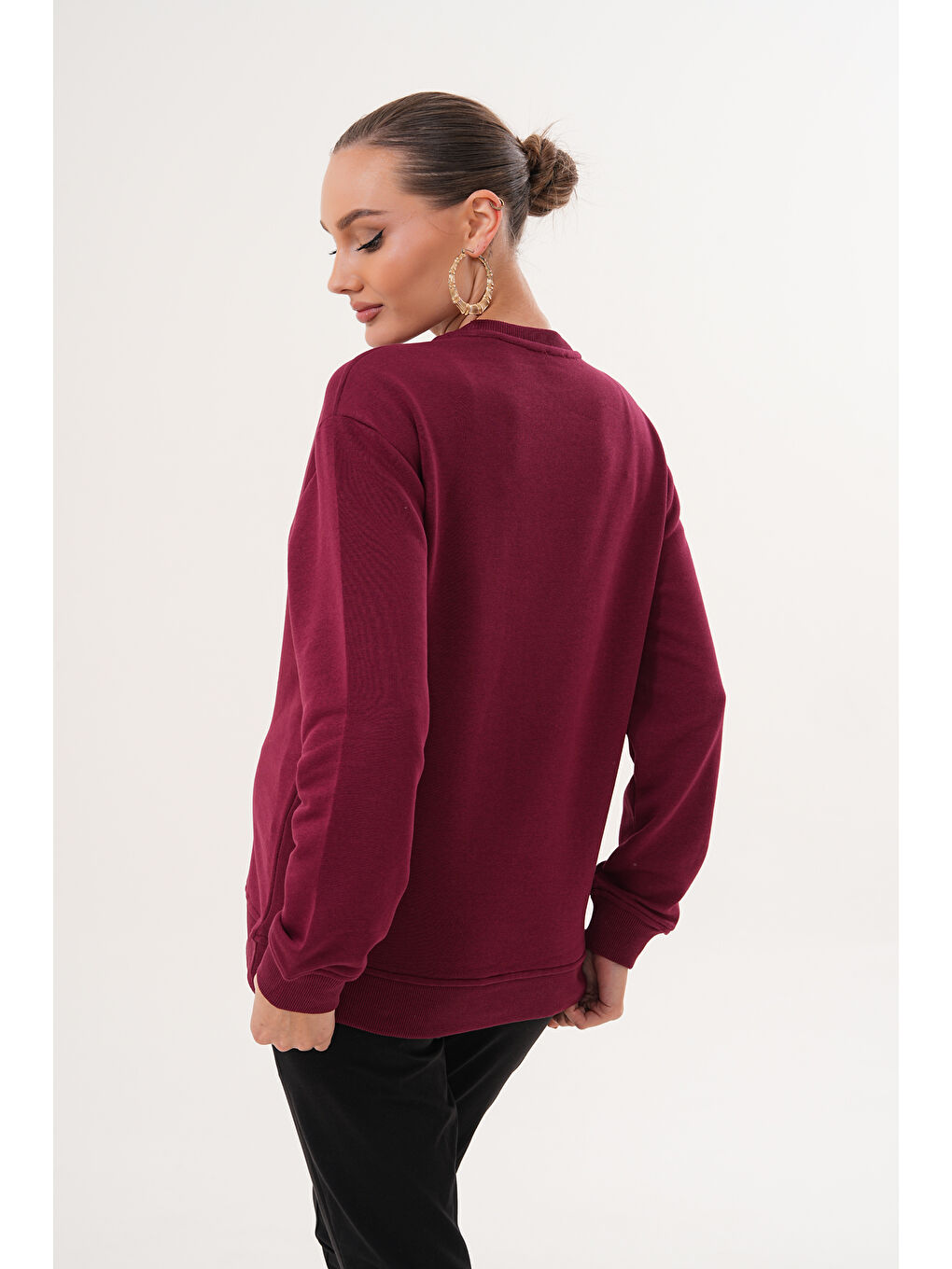 Bordo Bisiklet Yaka %100 Pamuk Hamile ve Lohusa Basic Sweatshirt-3