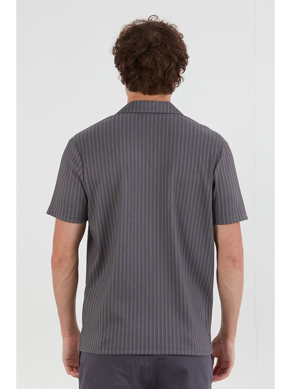 Gri Çizgili Jakarlı Kısa Kollu Gömlek-3