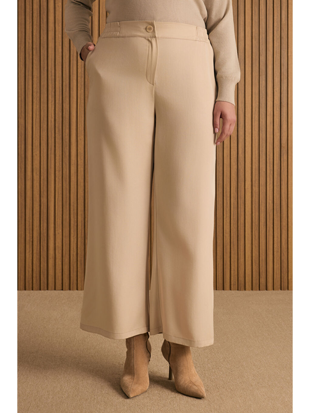 Bej Beli Lastik Detaylı Lyocell Pantolon Etek-1
