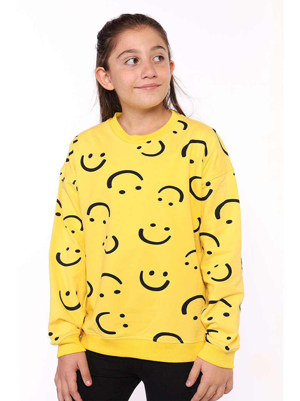 Sarı Kız Çocuk Komple Gülen İfade Baskılı Sweatshirt