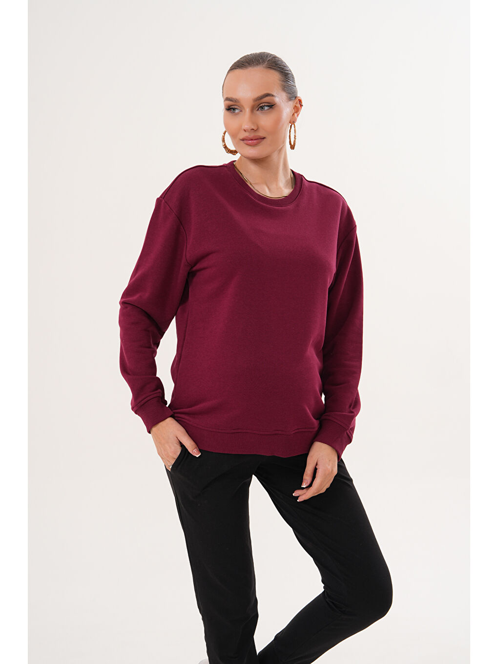 Bordo Bisiklet Yaka %100 Pamuk Hamile ve Lohusa Basic Sweatshirt-4