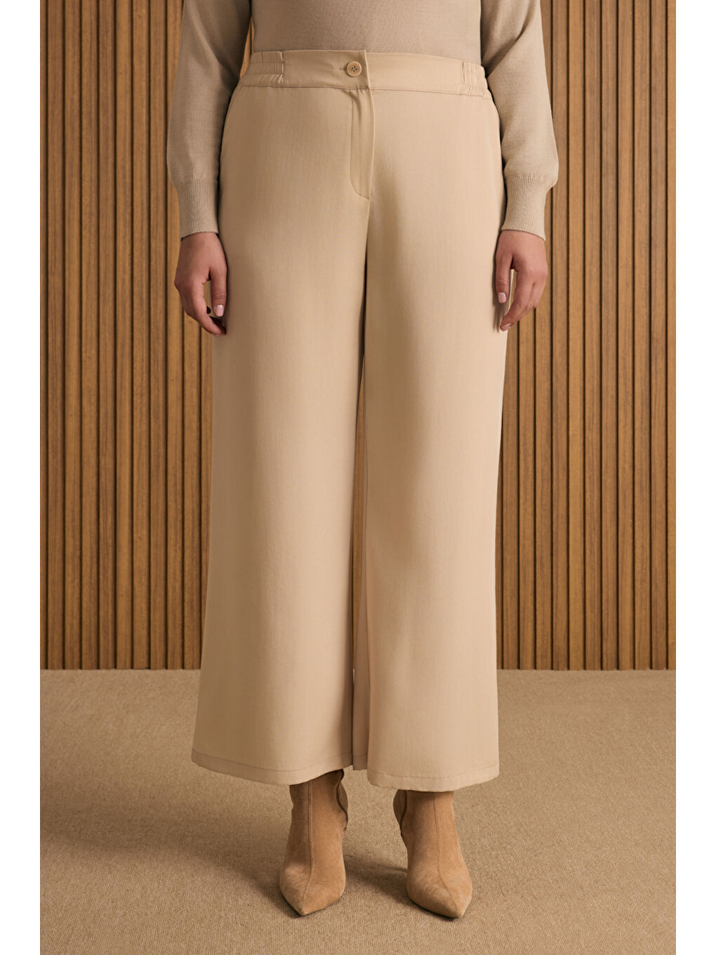 Bej Beli Lastik Detaylı Lyocell Pantolon Etek-2