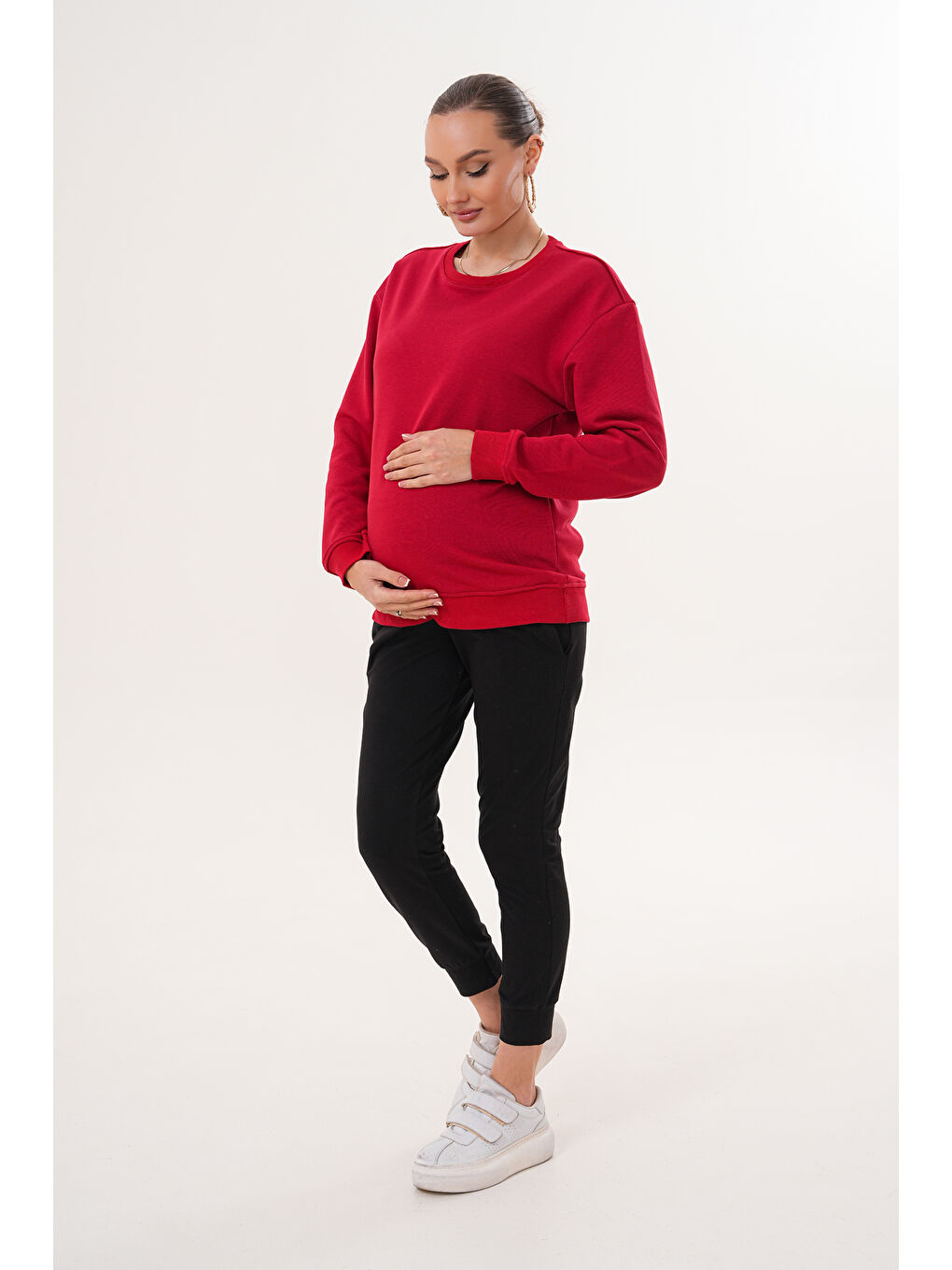Kırmızı Bisiklet Yaka %100 Pamuk Hamile ve Lohusa Basic Sweatshirt-1