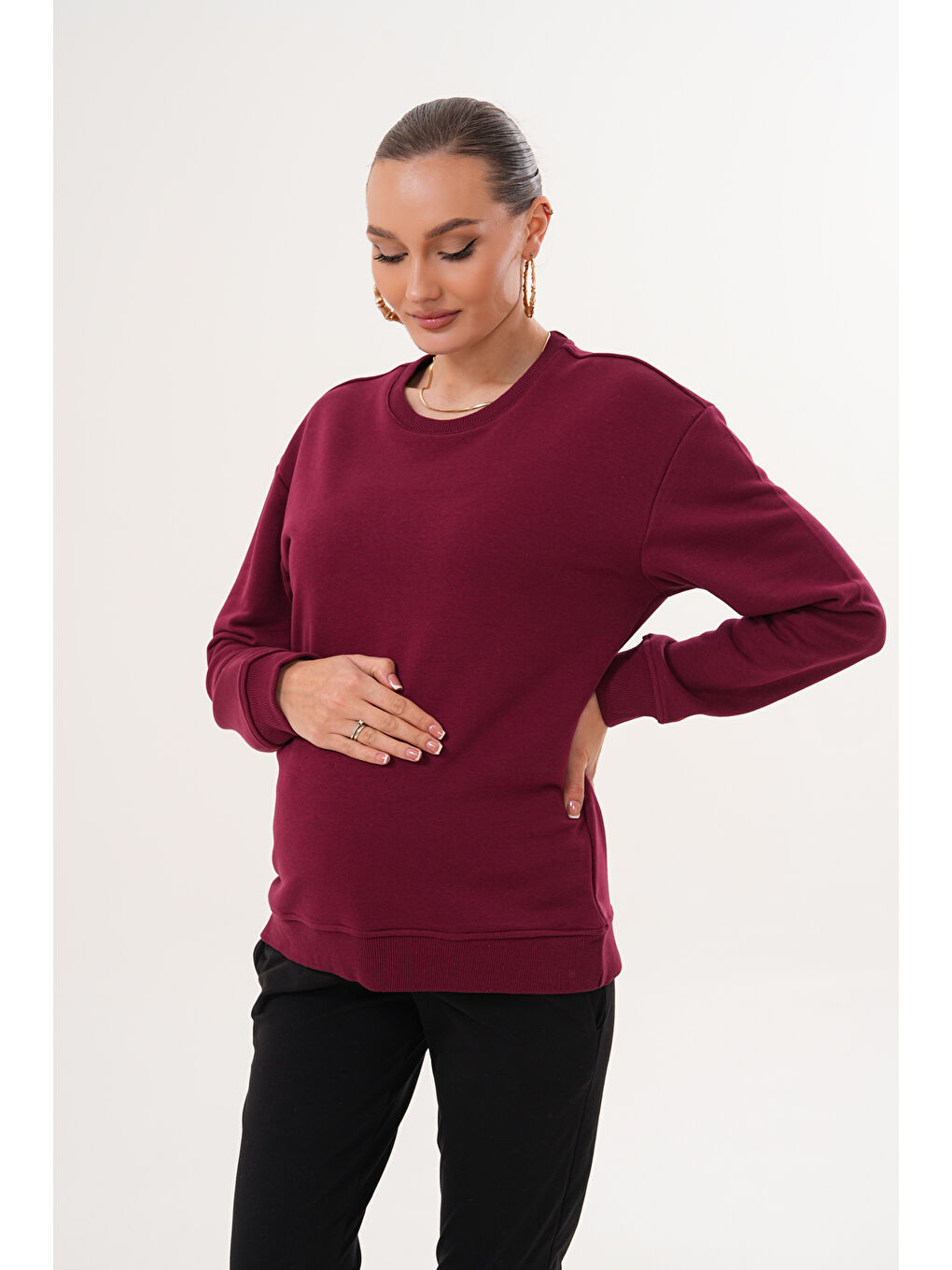 Bordo Bisiklet Yaka %100 Pamuk Hamile ve Lohusa Basic Sweatshirt-5
