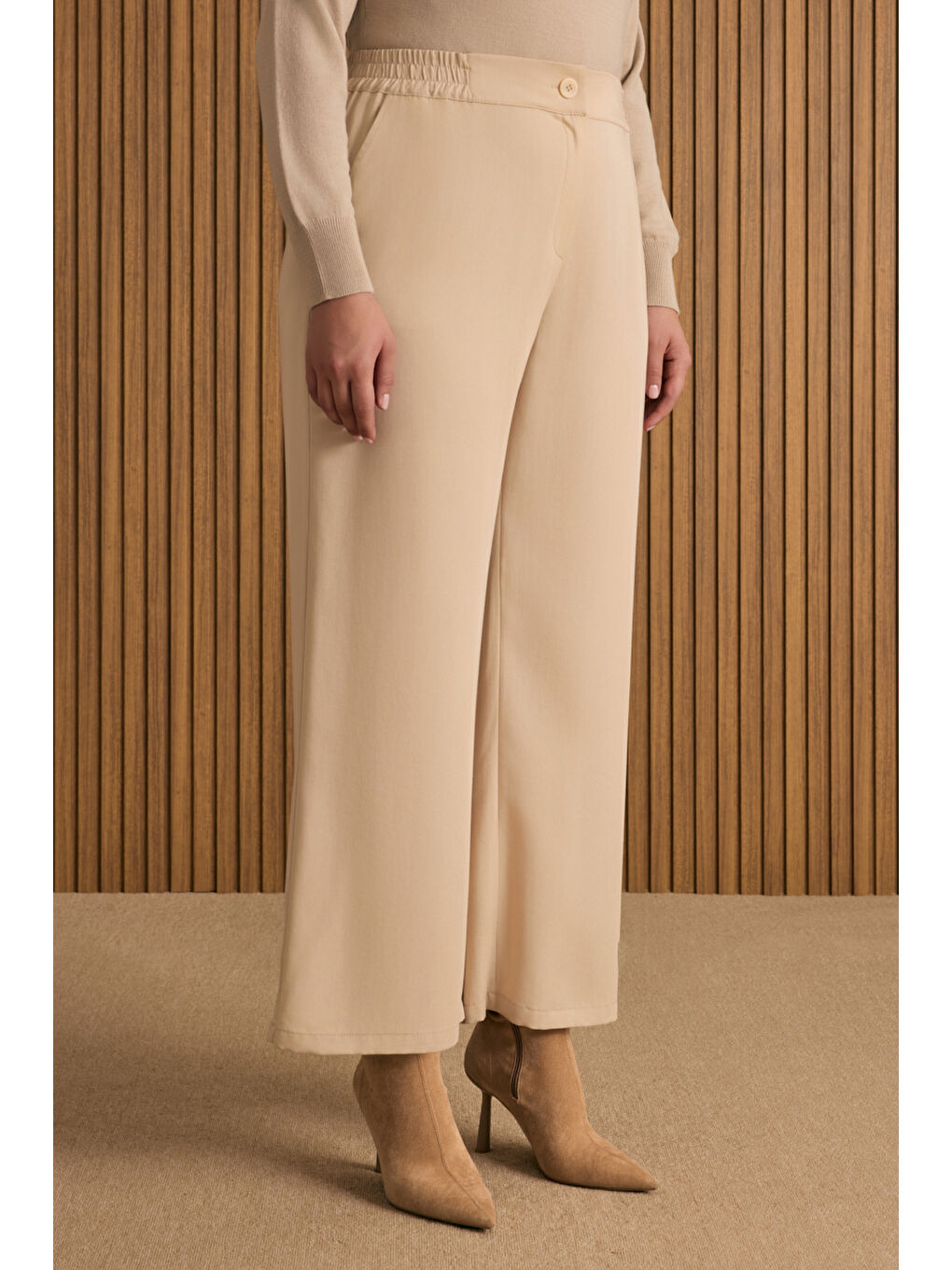 Bej Beli Lastik Detaylı Lyocell Pantolon Etek-3