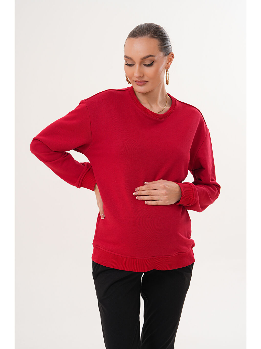 Kırmızı Bisiklet Yaka %100 Pamuk Hamile ve Lohusa Basic Sweatshirt-2