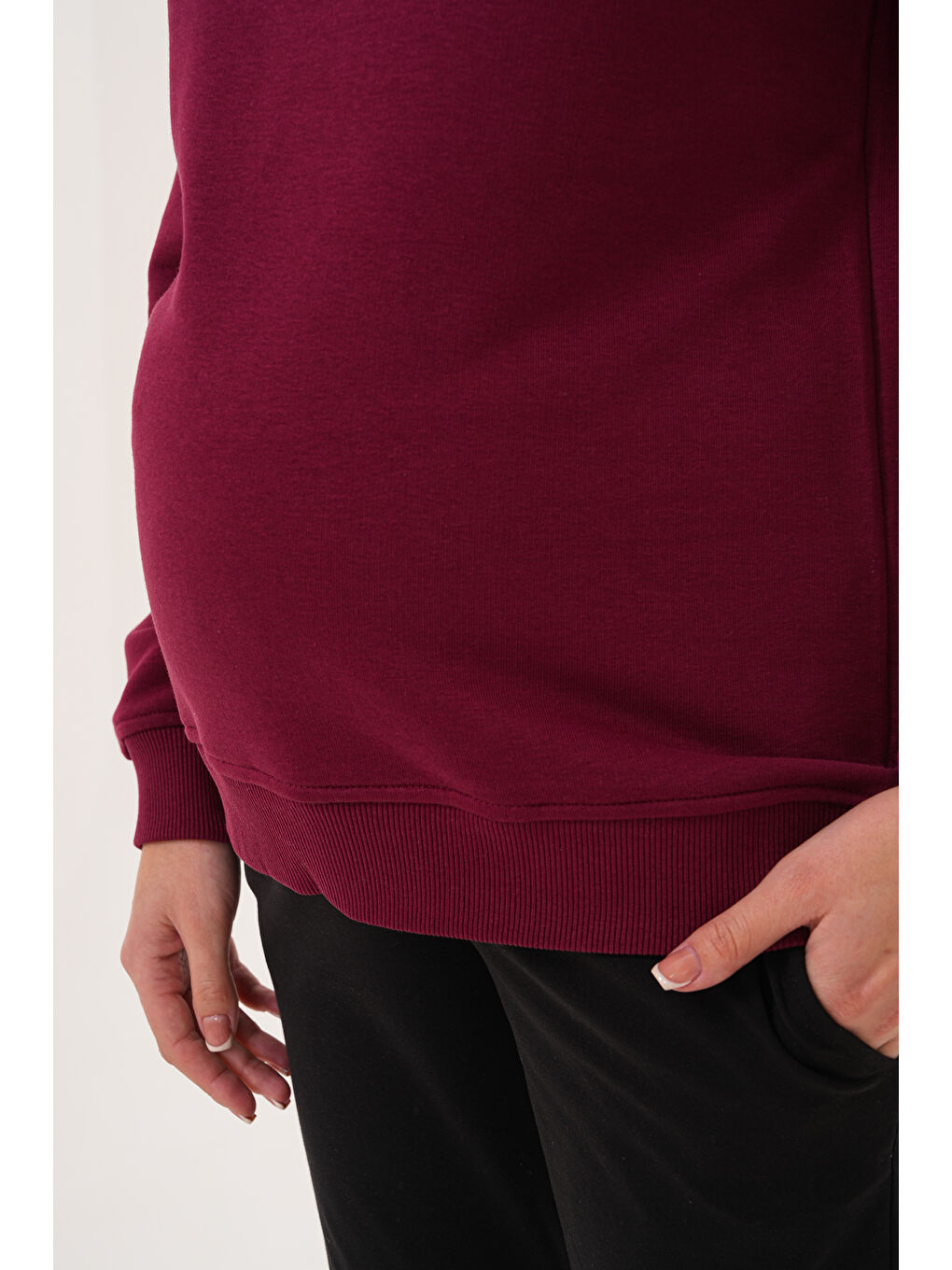 Bordo Bisiklet Yaka %100 Pamuk Hamile ve Lohusa Basic Sweatshirt-6