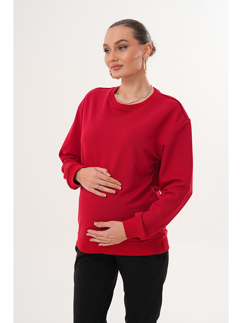 Kırmızı Bisiklet Yaka %100 Pamuk Hamile ve Lohusa Basic Sweatshirt-3
