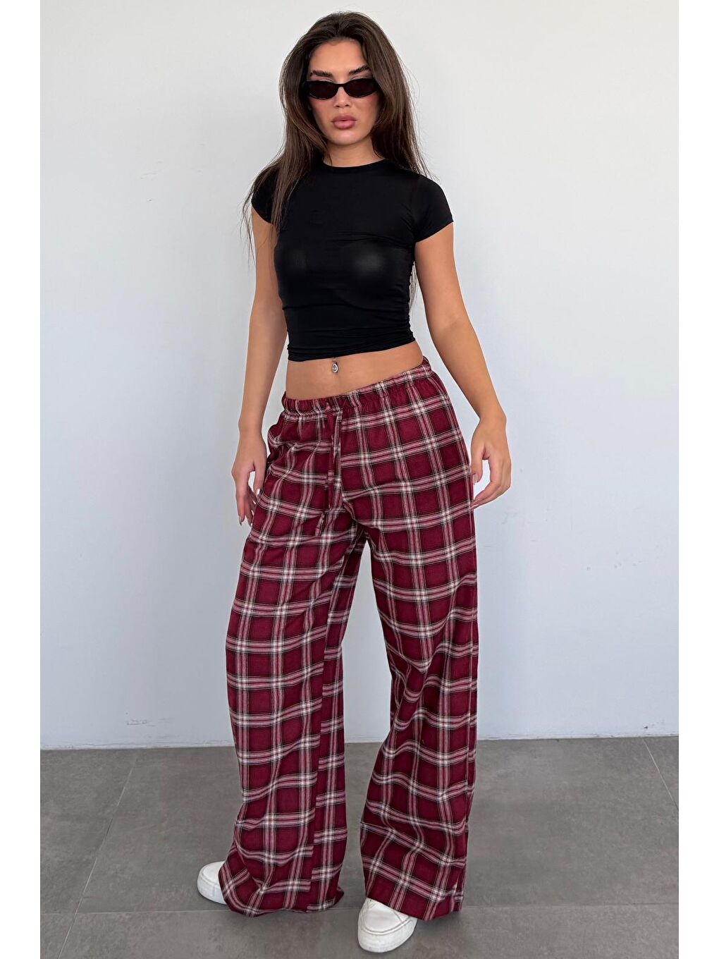 Bordo Lastikli Bel Geniş Paça Ekose Pantolon Mg2658-1